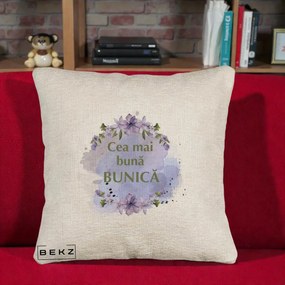 Cadou pentru Bunica - Perna Personalizata Cea Mai Buna Bunica Flori Mov Acuarela Auriu, 40x40 cm, Bej Canapea, Husa Detasabila, Perna Inclusa, BEKZ®