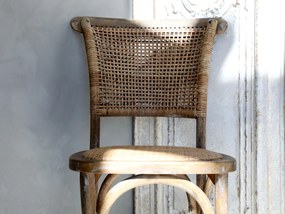 Scaun dining împletit vintage din lemn de hevea și ratan, bej, cu spătar curbat și arcuri din lemn sub șezut, finisaj patinat, 88 x 40 x 45 cm