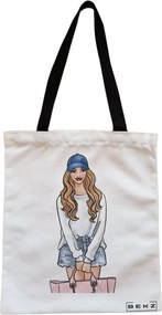Sacosa de Panza pentru Cumparaturi, Geanta Tote, Travel Girl 4, Cu fermoar, 38x34.5 cm, Alba, BEKZ®