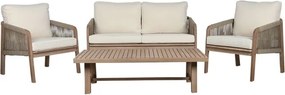 Set lounge exterior premium din lemn de acacia cu frânghie împletită, canapea, 2 fotolii și măsuță cu perne din stofă, „Capri”
