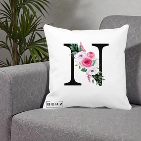 Cadou Personalizat - Perna Personalizata Monograma Florala Litera N, 40x40 cm, Alba Mata, Husa Detasabila, Perna Inclusa, BEKZ®