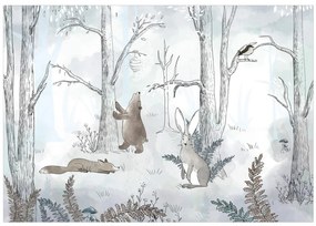 Fototapet - Pădure desenată - animalele pădurii în acuarele pe fundal albastru