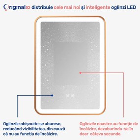 Oglindă LED Dreptunghiulară (50x70 cm), 3 Moduri Iluminare (Lumină Rece, Naturală, Caldă), Intensitate Reglabilă, Funcție Dezaburire, Ramă Aluminiu, Control Tactil (Touch)