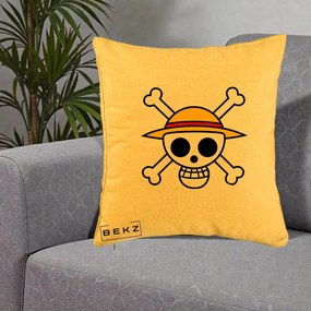 Perna Personalizata One Piece Jolly Roger Straw Hat Pirates, 40x40 cm, Galben, Husa Detasabila, Perna Inclusa, BEKZ®