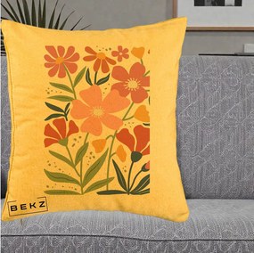 Perna Decorativa Flori Grafice Roz si Terracotta, 40x40 cm, Galben, Husa Detasabila, Perna Inclusa, BEKZ®