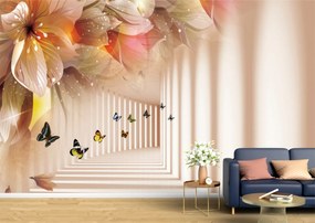 Tapet Premium Canvas - Florile fluturii si tunelul 3d abstract