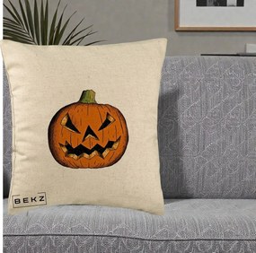 Perna Decorativa Halloween Dovleac Portocaliu Clasic, 40x40 cm, Bej, Husa Detasabila, Perna Inclusa, BEKZ®