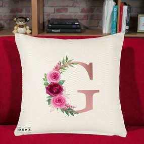 Cadou Personalizat - Perna Personalizata Monograma Rose Gold Litera G, 40x40 cm, Crem Reliefat, Husa Detasabila, Perna Inclusa, BEKZ®