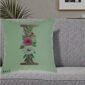 Cadou Personalizat - Perna Personalizata Monograma Rose Gold Litera I, 40x40 cm, Verde, Husa Detasabila, Perna Inclusa, BEKZ®