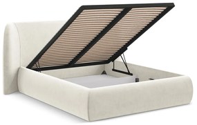 Pat matrimonial crem tapițat cu spațiu de depozitare cu somieră 180x200 cm Hauke – Makamii