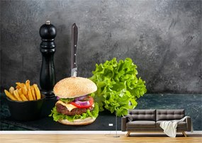 Tapet Premium Canvas - Burger cu salata si cartofi prajiti