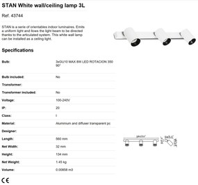 Aplica perete / tavan cu 3 spoturi directionabile design modern STAN 3L alba