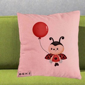 Perna Decorativa Buburuza cu Balon Rosu, 40x40 cm, Roz, Husa Detasabila, Perna Inclusa, BEKZ®