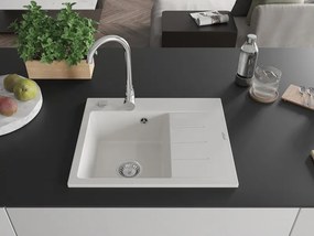 Mexen Ben chiuvetă de granit cu o cuvă și picurător, stânga 600 x 500 mm, alb, sifon crom - 6522605000-20