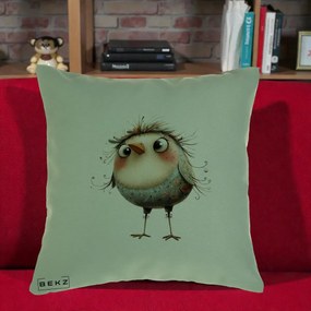 Perna Decorativa Pasare cu Penaj Zbarlit si Gene, 40x40 cm, Verde, Husa Detasabila, Perna Inclusa, BEKZ®