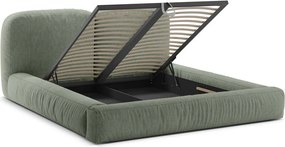 Pat matrimonial verde tapițat cu spațiu de depozitare cu somieră 160x200 cm Martina – Micadoni