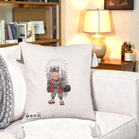 Perna Personalizata Naruto Jiraiya Sensei Chibi, 40x40 cm, Bej cu Franjuri, Husa Detasabila, Perna Inclusa, BEKZ®