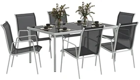 Outsunny Set de Grădină cu Masă Dreptunghiulară din Sticlă și 6 Scaune Stivuibile, 150x90x72 cm, Negru | Aosom Romania