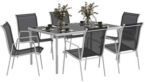 Outsunny Set de Grădină cu Masă Dreptunghiulară din Sticlă și 6 Scaune Stivuibile, 150x90x72 cm, Negru | Aosom Romania