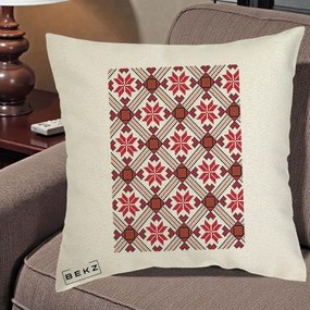 Perna Personalizata Motiv Traditional Ie Romaneasca Rosu, 40x40 cm, Ecru, Husa Detasabila, Perna Inclusa, BEKZ®