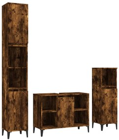 3185626 vidaXL Set mobilier de baie, 3 piese, stejar fumuriu, lemn prelucrat
