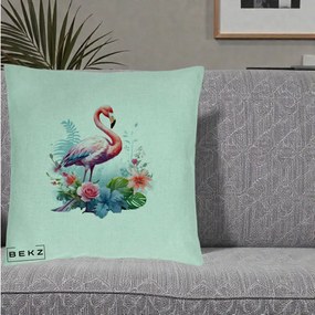 Perna Decorativa Flamingo cu Flori Tropicale Acuarela, 40x40 cm, Verde Menta, Husa Detasabila, Perna Inclusa, BEKZ®