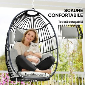 Scaun Suspendat Outsunny în Formă de Ou Fără Suport, Pliabil, cu Pernă Moale și Tetieră, Suport Pahar, Capacitate 120 kg, Gri Închis | Aosom Romania