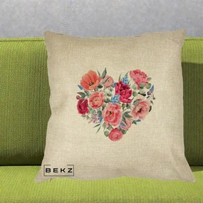 Perna Decorativa Inima din Bujori Acuarela, 40x40 cm, Crem, Husa Detasabila, Perna Inclusa, BEKZ®