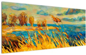 Tablou - Apus de soare peste lac, pictură acrilică (120x50 cm)