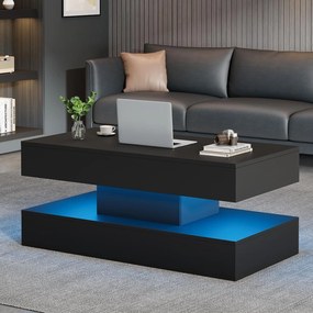 Masă de cafea modernă cu iluminare LED și spațiu de depozitare ascuns, măsuță laterală cu sistem hidraulic de ridicare, 100x50x42 cm, Negru