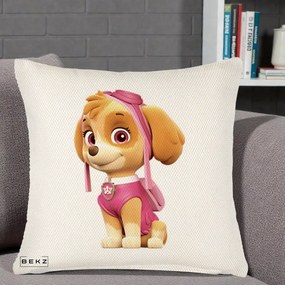 Perna Personalizata Skye PAW Patrol Roz, 40x40 cm, Crem Reliefat, Husa Detasabila, Perna Inclusa, BEKZ®