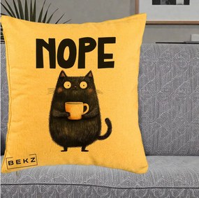 Perna Decorativa NOPE Pisica Neagra Cafea, 40x40 cm, Galben, Husa Detasabila, Perna Inclusa, BEKZ®