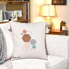 Perna Decorativa Geometric Hexagoane Multicolor, 40x40 cm, Bej cu Franjuri, Husa Detasabila, Perna Inclusa, BEKZ®