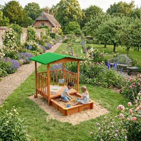 Groapa cu nisip cu verandă SUNNY, 130x130x143cm, maro/verde Jurhan