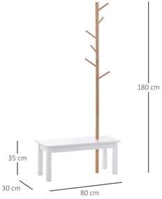 HOMCOM Bancă cu Cuier în Bambus, Design Modern, Spațiu de Depozitare, Alb și Lemn, 80x30x180 cm | Aosom Romania