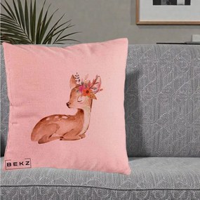 Perna Decorativa Caprioara cu Flori in Coama, 40x40 cm, Roz, Husa Detasabila, Perna Inclusa, BEKZ®