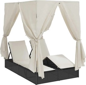 vidaXL Șezlong dublu cu perdele Alb cald 205 x 129 x 200 cm poliratan