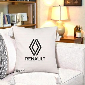Perna Personalizata cu emblema Renault, 40x40 cm, Bej cu Franjuri, Husa Detasabila, Perna Inclusa, BEKZ®