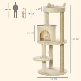 PawHut Ansamblu de Joacă pentru pisici adulte cu căsuță spațioasă și platformă, 104 cm, Crem | Aosom Romania
