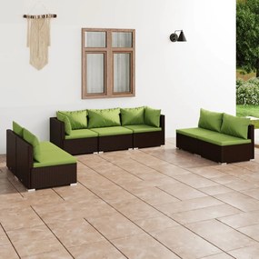Set mobilier de gradina cu perne, 7 piese, maro, poliratan maro si verde, 2x colt + 5x mijloc, 1