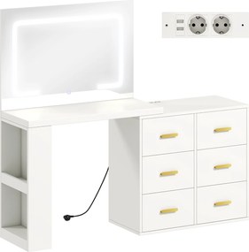 HOMCOM Stație de Machiaj cu Lumini LED, 3 Culori, Luminozitate Reglabilă, Toaletă Convertibilă cu Prize Electrice, 6 Sertare Soft Close, Oglindă, Rafturi Deschise, pentru Dormitor, Alb | Aosom Romania