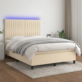 vidaXL Pat cu arcuri, saltea și LED, crem, 140x190 cm, textil