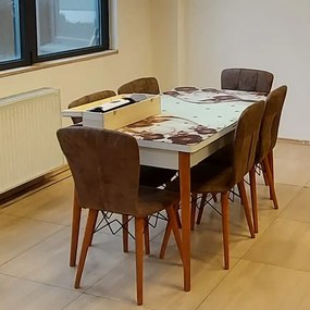 Set masa extensibila picioare lemn, blat sticla securizata +6 scaune tapitate Fusion Homs maro 80x 170 cm