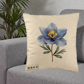 Perna Decorativa Anemona Albastra Botanica, 40x40 cm, Bej, Husa Detasabila, Perna Inclusa, BEKZ®