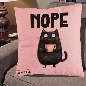Perna Decorativa NOPE Pisica Neagra Cafea, 40x40 cm, Roz, Husa Detasabila, Perna Inclusa, BEKZ®