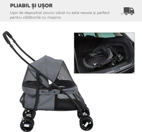 PawHut Cărucior Pliabil pentru Câini cu Acoperiș Reglabil, Geantă și 2 Lese, 82x47x97 cm, Gri | Aosom Romania
