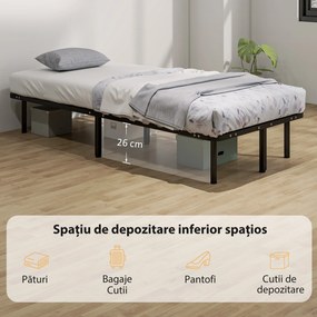 HOMCOM Cadru de Pat Industrial cu 28 de Lamele și Spațiu de Depozitare, din Lemn și Oțel, 190x90x31 cm, Negru și Lemn | Aosom Romania