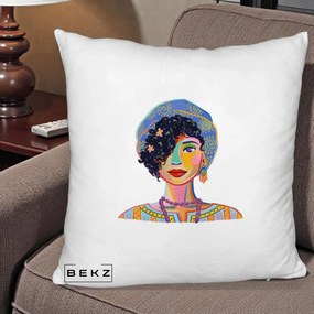 Perna Decorativa Portret Femeie Etnic Colorat, 40x40 cm, Alb Pufos, Husa Detasabila, Perna Inclusa, BEKZ®
