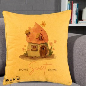 Perna Decorativa Home Sweet Home Casuta, 40x40 cm, Galben, Husa Detasabila, Perna Inclusa, BEKZ®