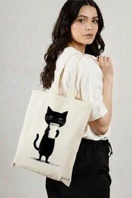 Sacosa de Panza pentru Cumparaturi, Geanta Tote, model Caffeine Cat 8 38 x 34.5 cm, Alba, BEKZ®